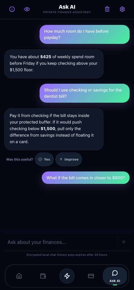 Catalyst Cash Ask AI chat running on iPhone