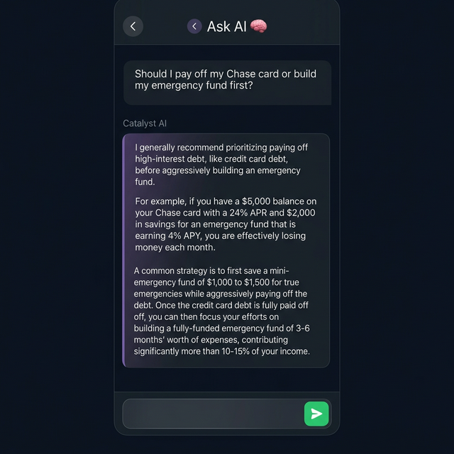 Catalyst Cash Ask AI chat showing a debt vs savings conversation