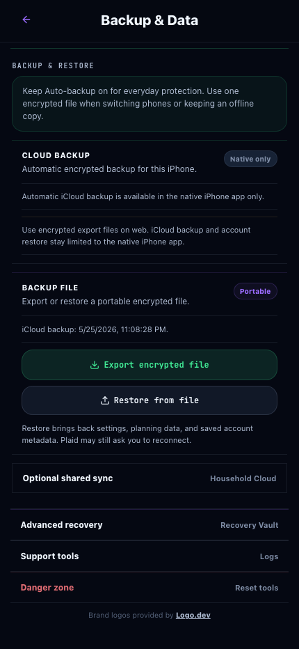 Catalyst Cash Backup and Data privacy controls running on iPhone