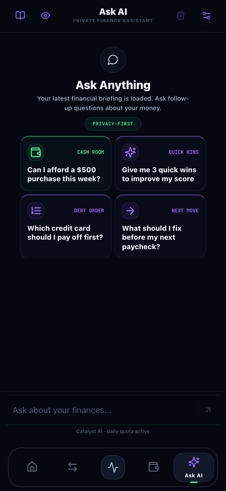 Ask AI screen with suggested questions about savings goals, payday safety, and recent spending
