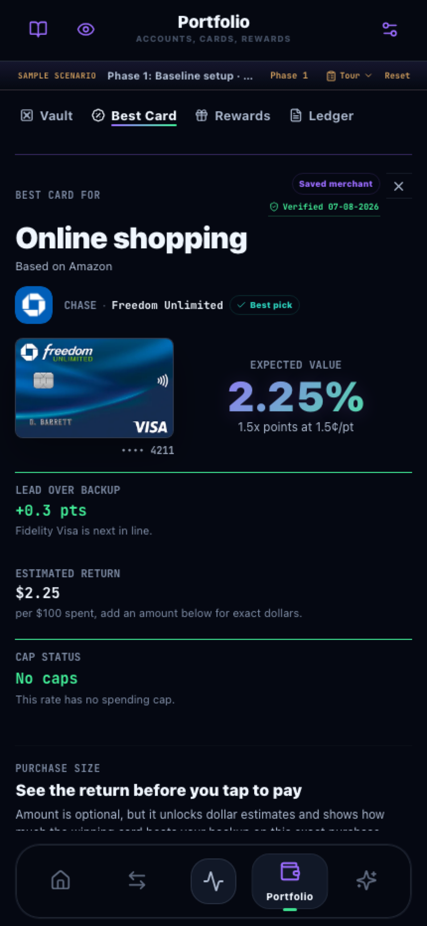 Best card screen ranking Chase Freedom Unlimited as the top pick for Amazon at 2.25 percent expected value